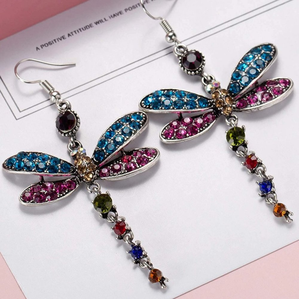 Earrings Dragonfly Rhinestone Drop Large Amazing Colors & Sparkle Pierced New - Picture 2 of 3